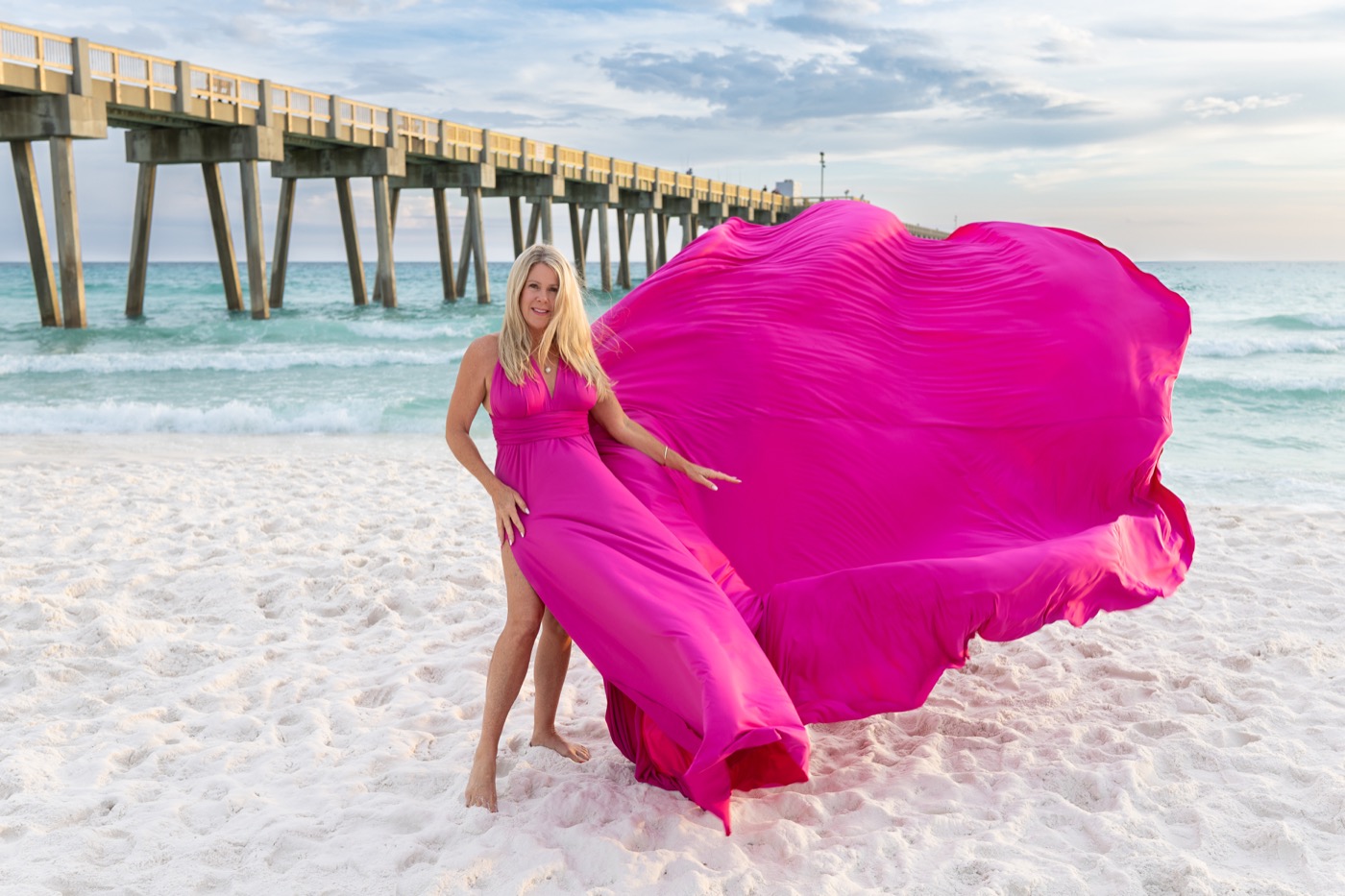 Flying dress photoshoot at a Florida pier
