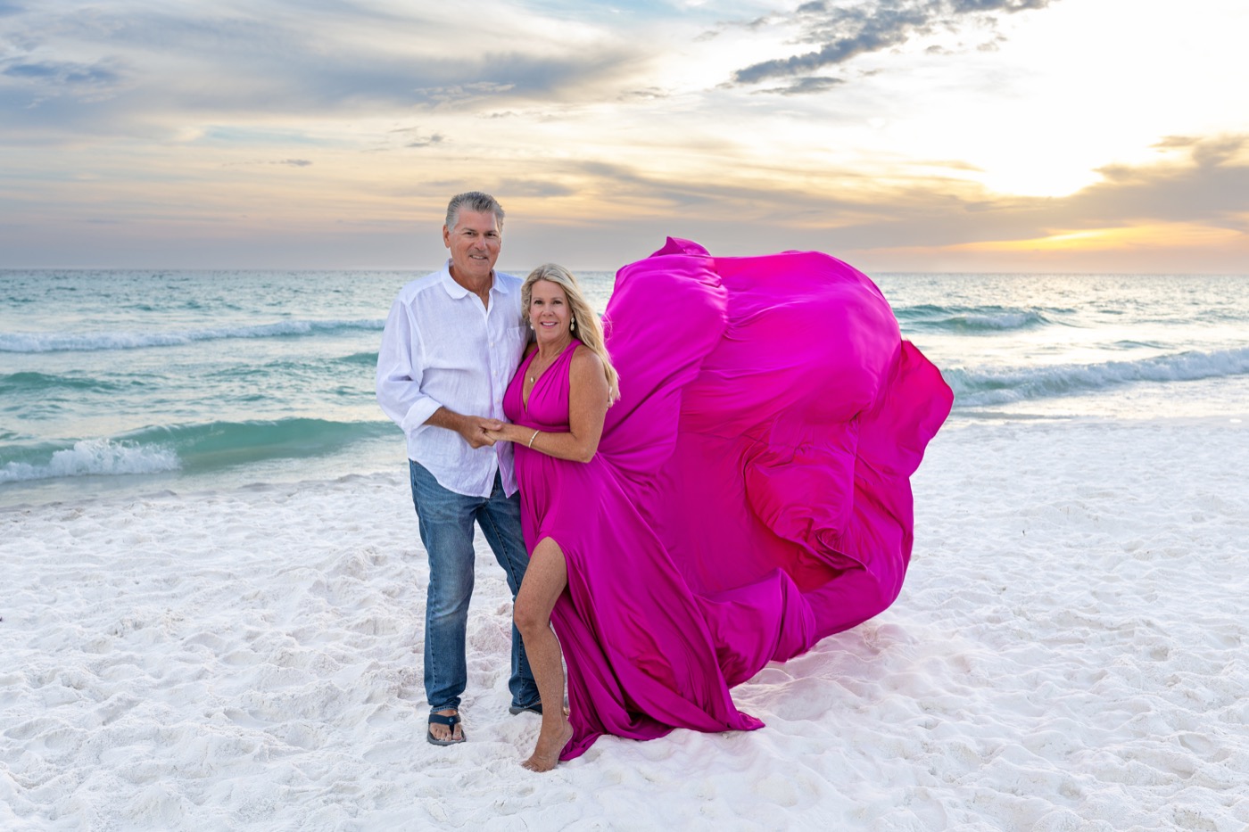 Couple flying dress session at sunset